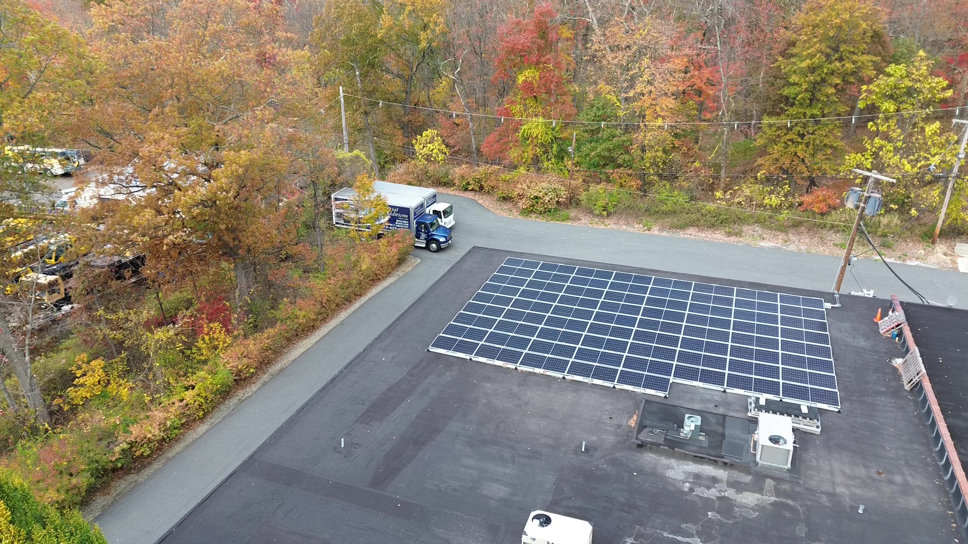 Aerial view of the rooftop solar array LandAir Energy installed at 3 Astro Place in Rockaway, New Jersey