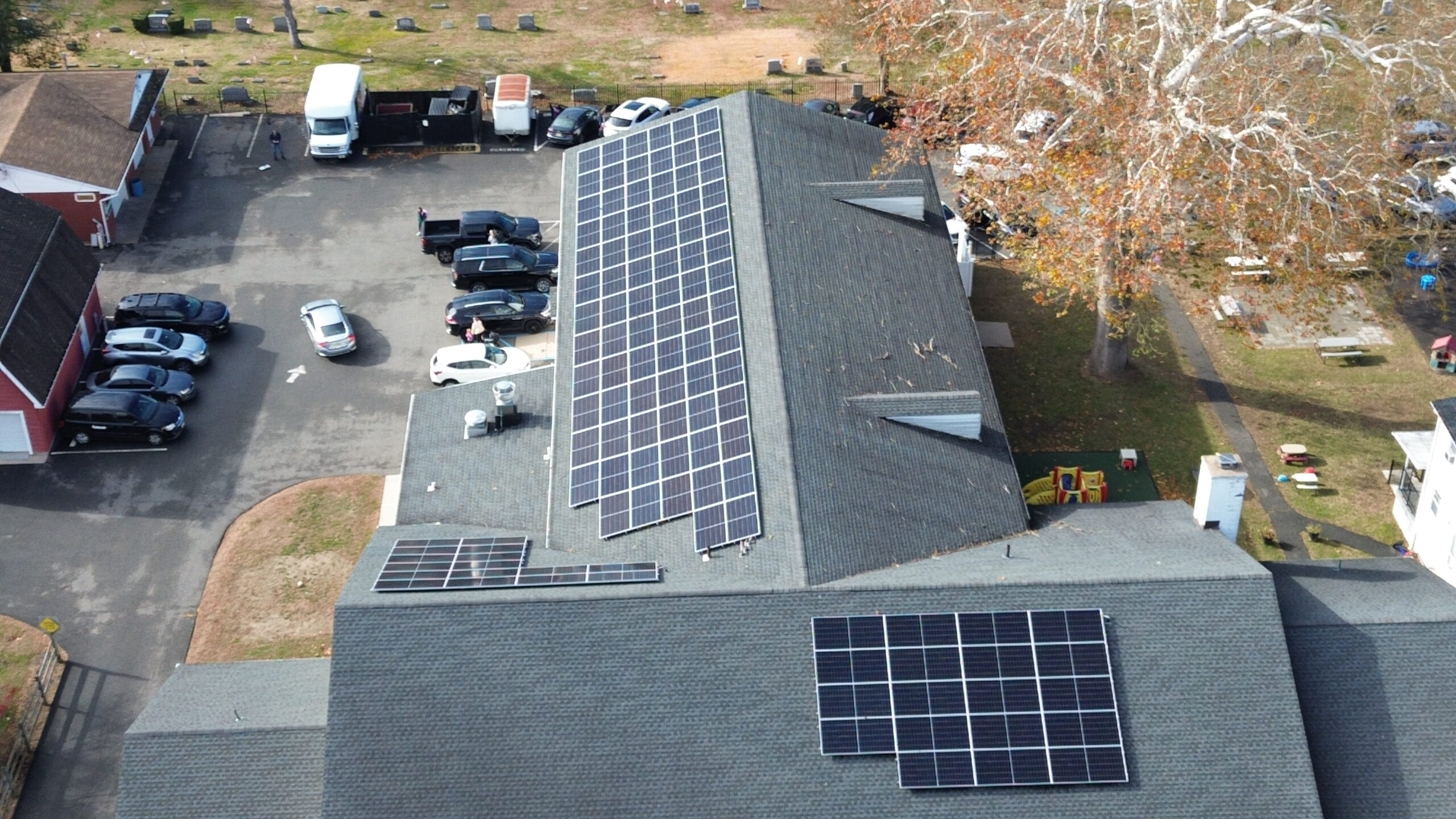 Aerial view of the solar array LandAir Energy installed on the First Reformed Church of Pompton Plains in Pompton Plains, New Jersey
