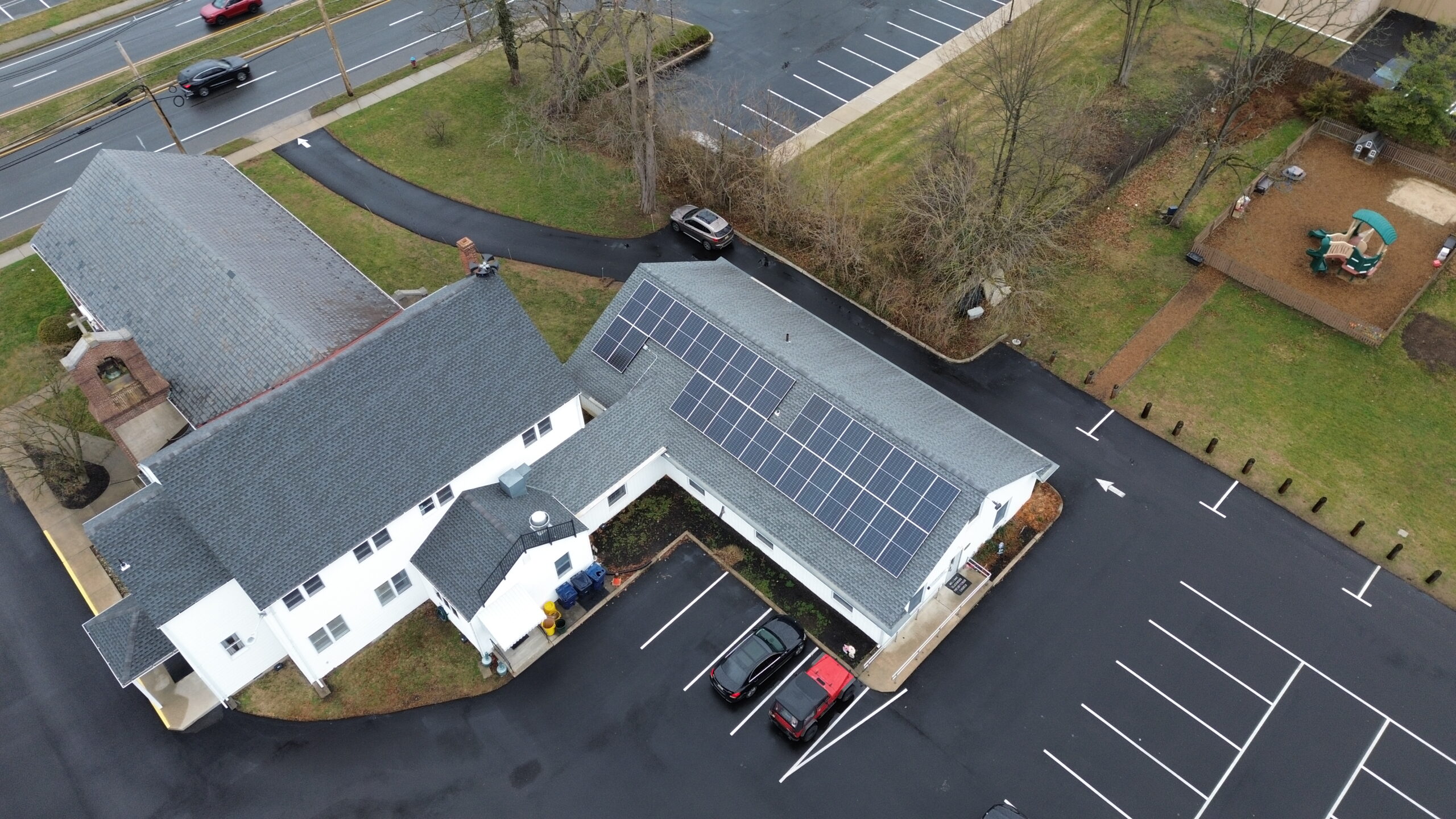 Aerial view of the solar array LandAir Energy installed on Slackwood Presbyterian Church in Lawrence Township, New Jersey