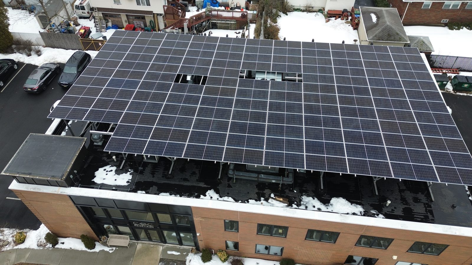 Aerial view of the rooftop solar array LandAir Energy installed at CEC Research in Cranford, New Jersey