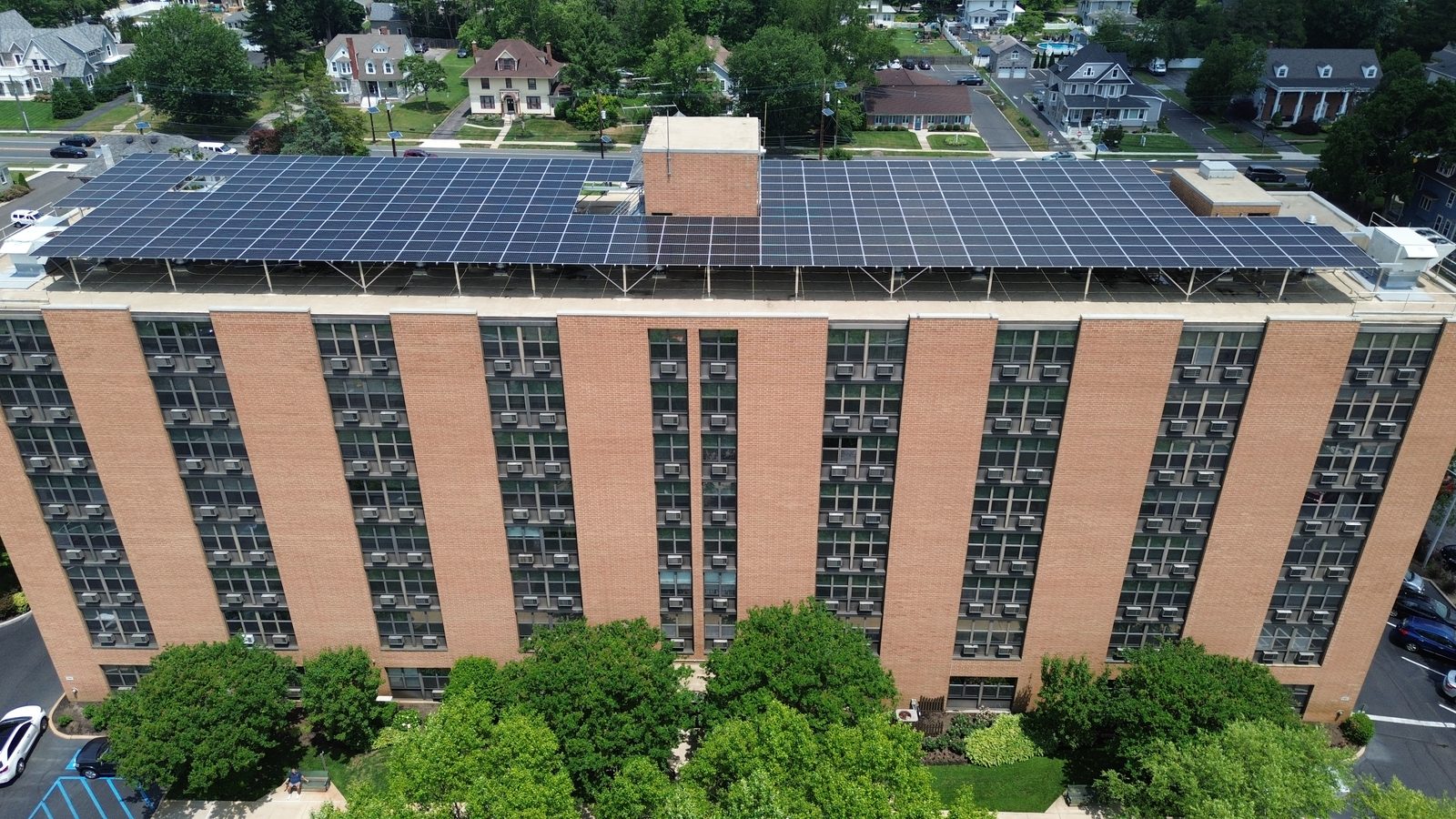 Elevated rooftop solar array on the Haddon Heights Senior Citizen Housing high rise in Haddon Heights, New Jersey