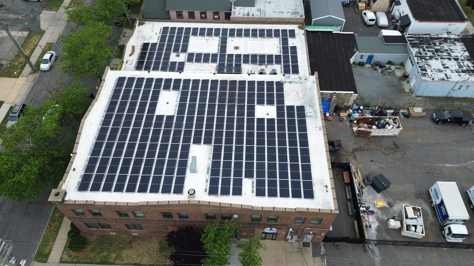 Aerial view of the commercial solar array LandAir Energy installed at Market Street Mission in Asbury Park, New Jersey